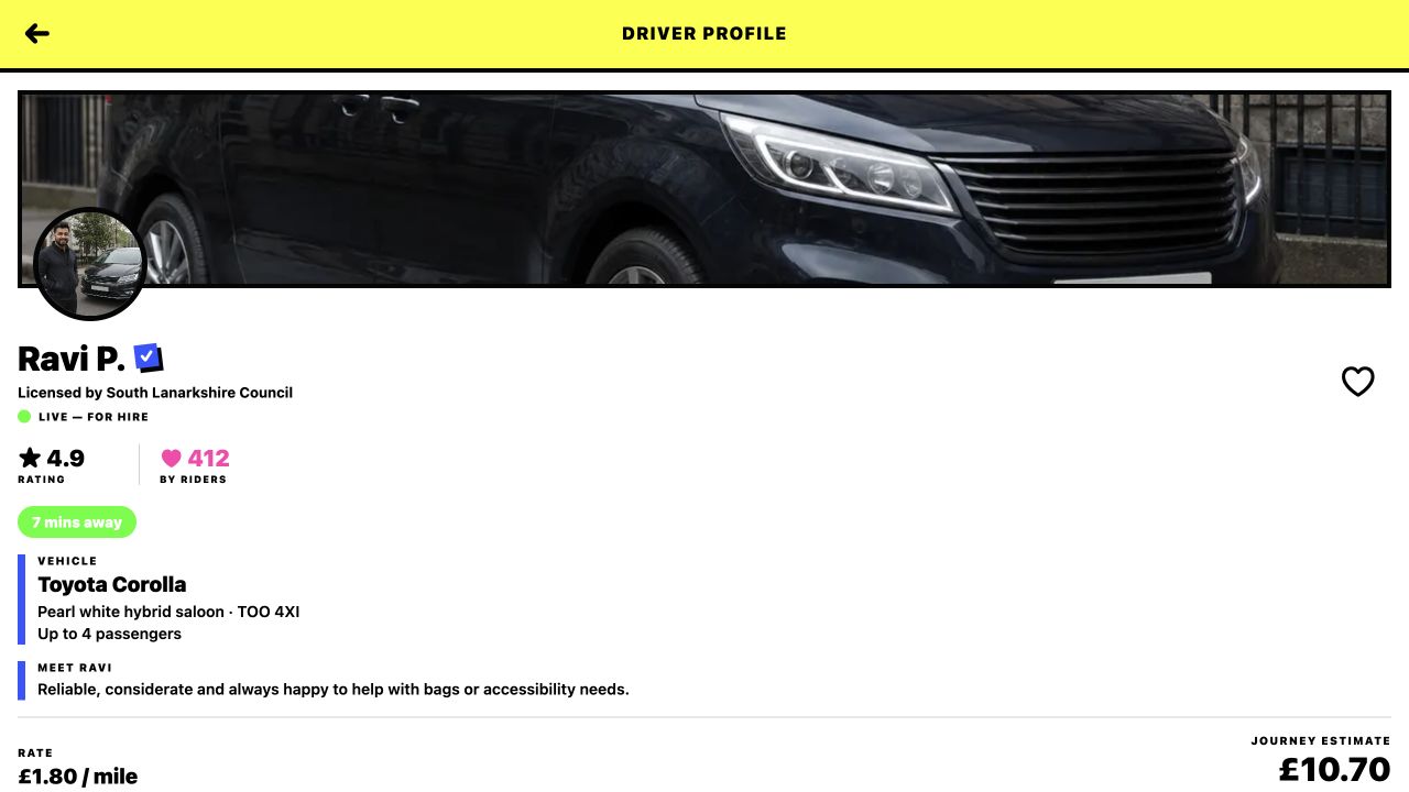 Example of the public driver profile riders see in the Tooxi app