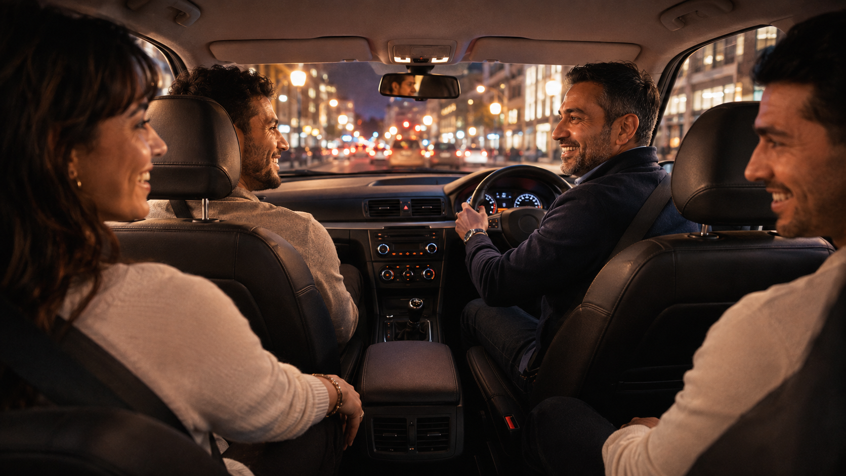 Professional driver speaking with riders during a journey